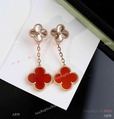 V C A Vintage Allhambra Red Onyx Earrings Rose Gold for Women